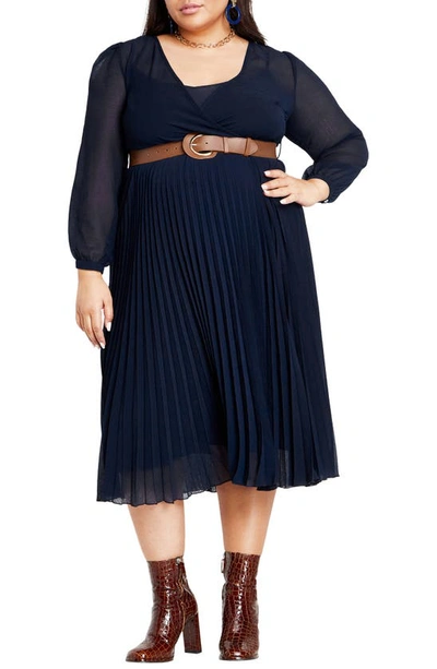 City Chic Pleated Belted Long Sleeve A-line Midi Dress In Navy