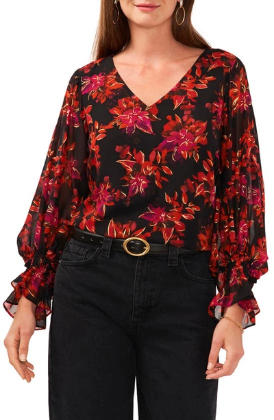 Vince Camuto Floral Long Sleeve Blouse In Rich Black/ Red