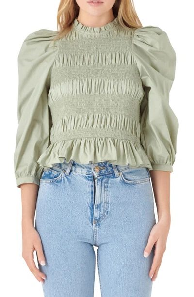 English Factory Smocked Puff Shoulder Poplin Top In Sage