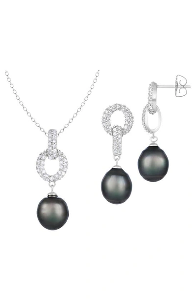 Splendid Pearls Tahitian Pearl Pendant Necklace & Stud Earrings Set In Black