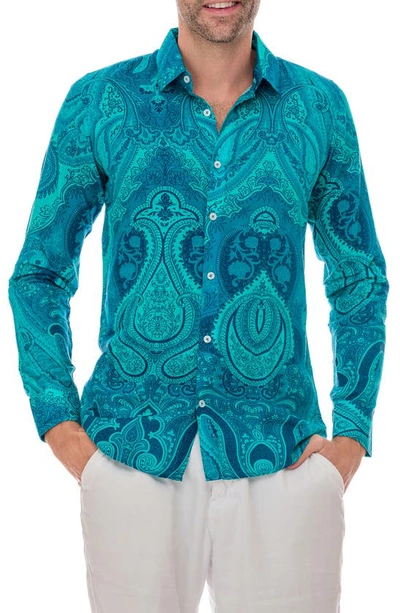 Ranee's Paisley Linen Blend Button-up Shirt In Teal