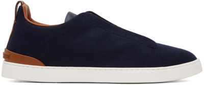 Zegna Navy Triple Stitch Sneakers In Navy Blue