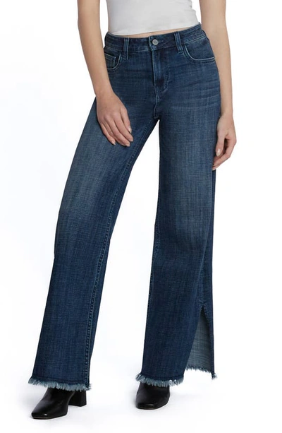 Hint Of Blu Frayed Split Hem Mid Rise Wide Leg Jeans In Market Blue