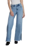 Hint Of Blu Frayed Split Hem Mid Rise Wide Leg Jeans In Split Blue