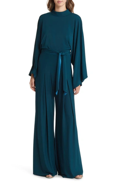 Jewel Badgley Mischka Mock Neck Tie Belt Jumpsuit In Teal