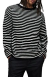 Allsaints Park Stripe Destructed Wool Blend Crewneck Sweater In Black/ Grey Marl