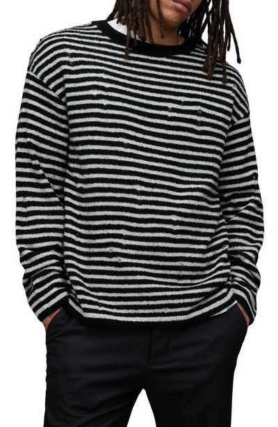 Allsaints Park Stripe Destructed Wool Blend Crewneck Sweater In Black/ Grey Marl