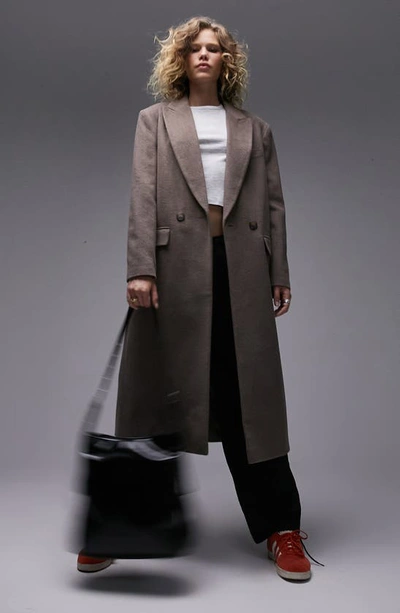 Topshop Double Breasted Coat In Brown