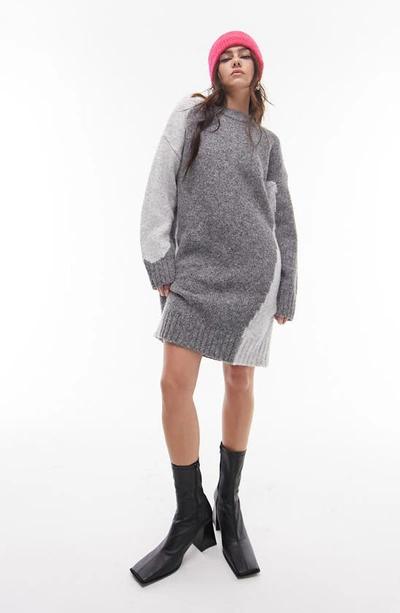 Topshop Colorblock Long Sleeve Sweater Dress In Grey