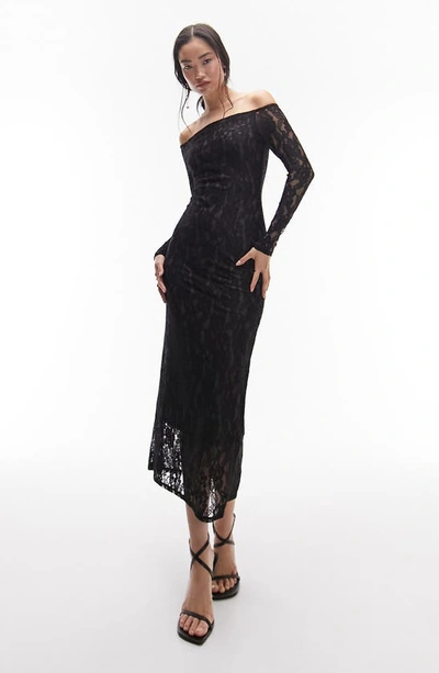 Topshop Off The Shoulder Long Sleeve Lace Dress In Black