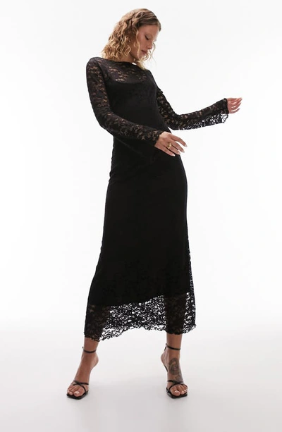 Topshop Lace Overlay Long Sleeve Dress In Black