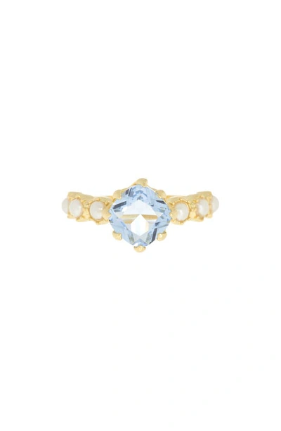 Covet Cushion Cut Crystal & Imitation Pearl Ring In Gold/ Blue
