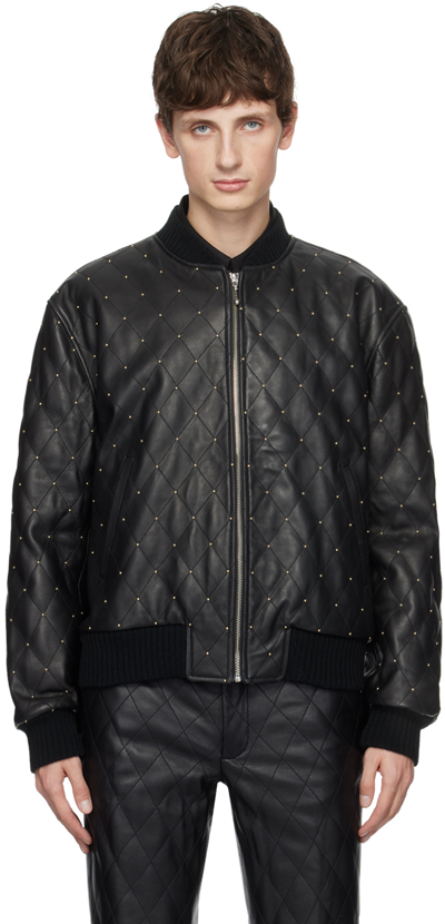 Ernest W Baker Black Quilted Leather Jacket In Black Gold