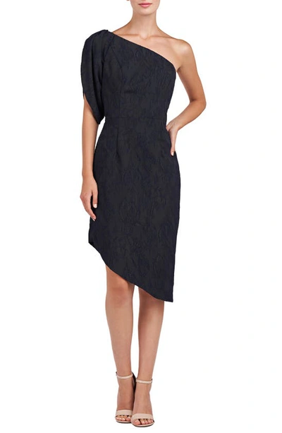 Kay Unger Electra One-shoulder Jacquard Cocktail Dress In Dark Midnight