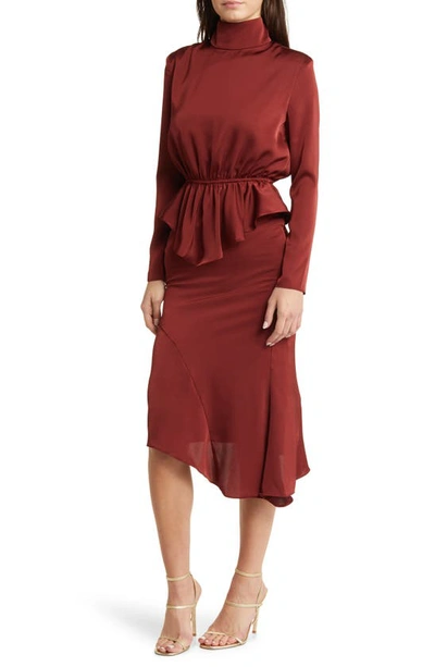 Nikki Lund Roxy Long Sleeve Asymmetric Hem Dress In Burgundy