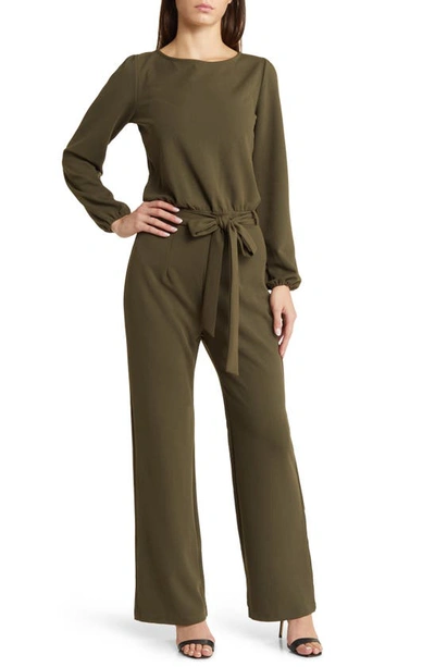 Nikki Lund Joy Long Sleeve Tie Waist Jumpsuit In Olive