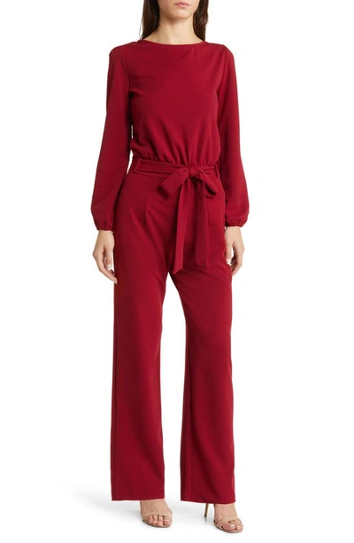 Nikki Lund Joy Long Sleeve Tie Waist Jumpsuit In Burgundy