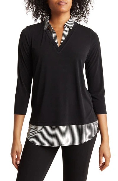 Adrianna Papell Mixed Media 3/4 Sleeve Top In Blk W/blk/ivory Small Stripe