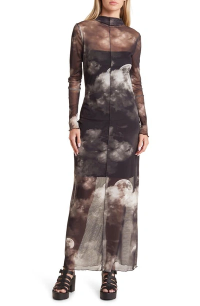 Noisy May Luna Mock Neck Long Sleeve Mesh Dress In Black Aop Moon