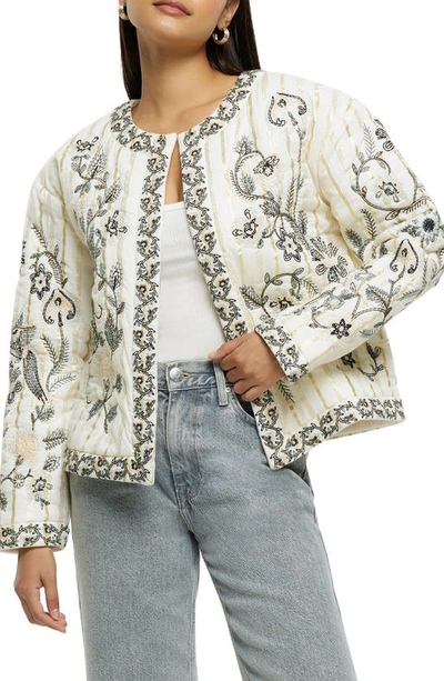River Island Floral Embroidered Metallic Stripe Jacket In Cream