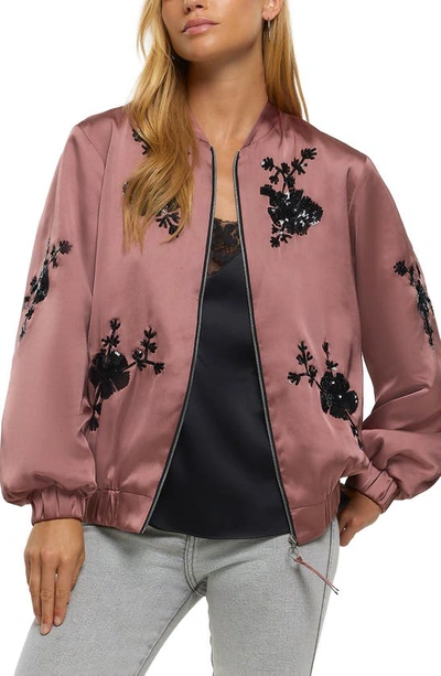 River Island Sequin Floral Embellished Bomber Jacket In Pink
