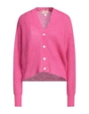 120% Lino Woman Cardigan Fuchsia Size S Mohair Wool, Polyamide, Linen, Cashmere, Wool In Pink