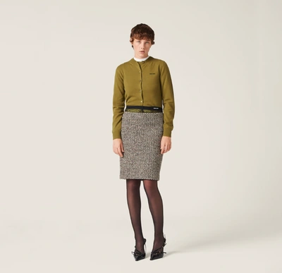 Miu Miu Intarsia Logo Cashmere Cardigan In F0613 Felce