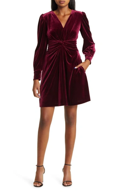 Vince Camuto Twist Front Long Sleeve Velvet Fit & Flare Dress In Wine