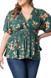 Kiyonna Encore Print Faux Wrap Top In Green Garden