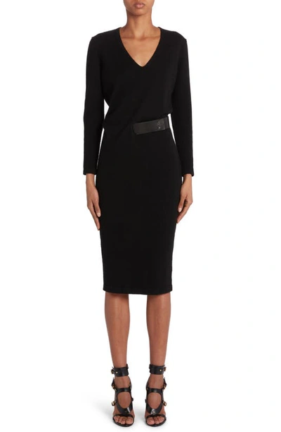 Tom Ford Leather Belt Detail Long Sleeve Cashmere Sweater Dress In Black