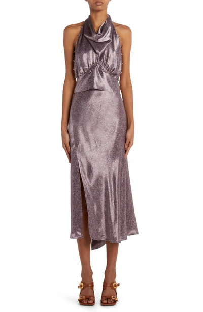 Bottega Veneta Beaded Print Cupro Twill Halter Dress In 5206 Lilac/ Midnight