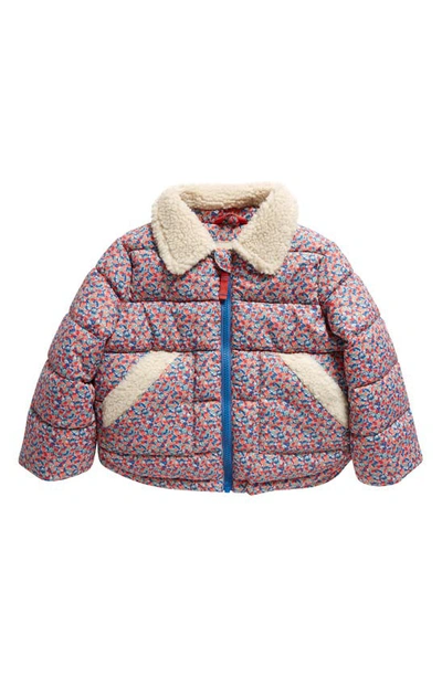 Mini Boden Kids' Floral Puffer Jacket With High Pile Fleece Lining In Jam Red Micro Floral