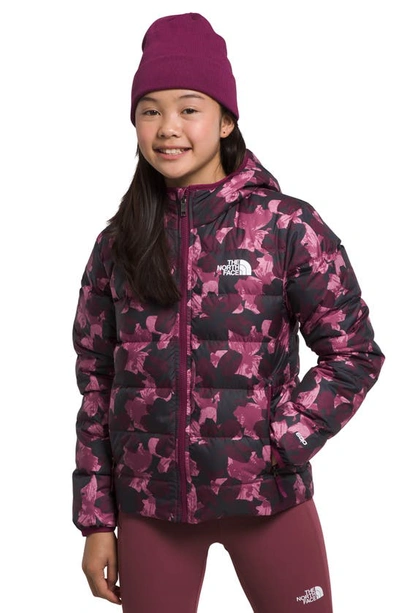 The North Face Kids' Reversible Hooded 600-fill Power Down Jacket In Boysenberry Floret Print
