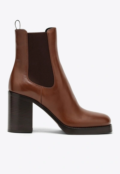 Prada Cognac Leather Ankle Boot Women In Brown