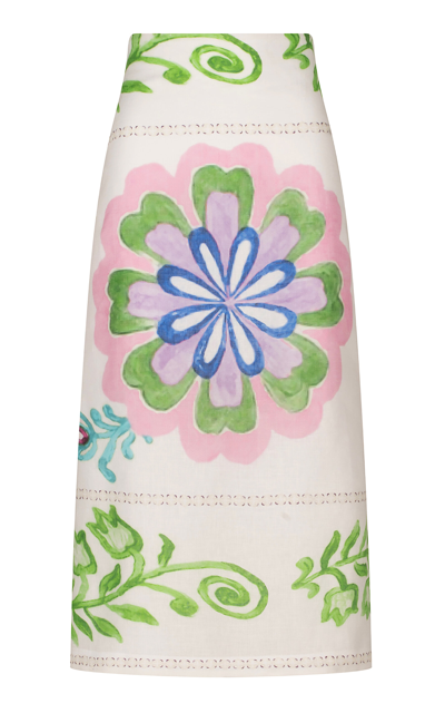 Silvia Tcherassi Atira Printed Linen Midi Skirt In Multicolor Floral