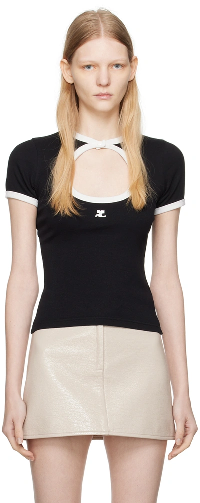 Courrèges Contrasting Color Cotton T-shirt In Black