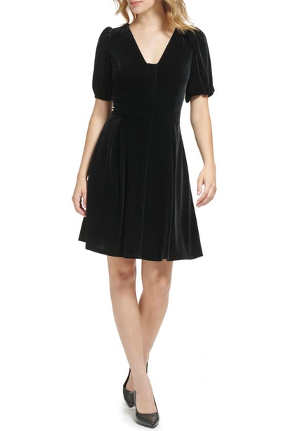 Karl Lagerfeld Puff Sleeve Velvet A-line Dress In Black