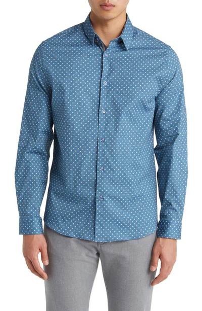 Stone Rose Painted Dot Print Stretch Cotton Button-up Shirt In Slate Blue