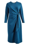 Nordstrom Tie Waist Long Sleeve Midi Dress In Blue Ceramic