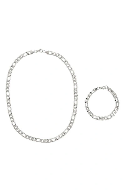 American Exchange Stainless Steel Figaro Chain Necklace & Bracelet Set In Silver/ Silver