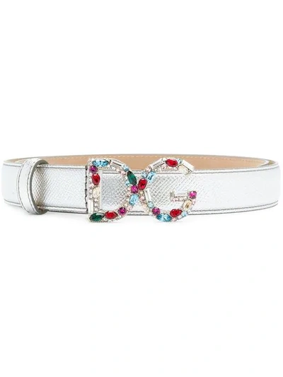 Dolce & Gabbana Gemstone Logo Buckle Belt In Metallic
