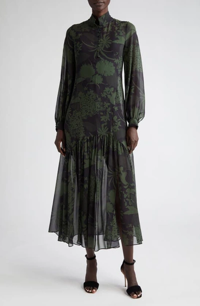 Akris Abraham Print Long Sleeve Silk Georgette Gown In 195 Oregano-black
