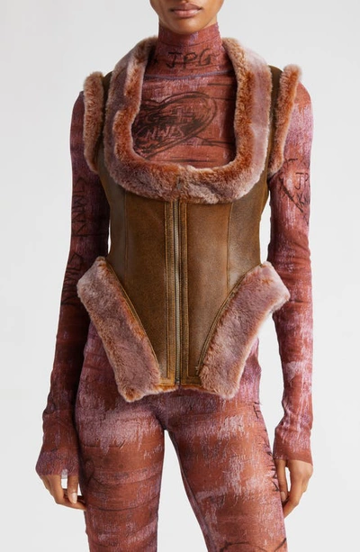 Jean Paul Gaultier X Knwls羊毛皮与皮革紧身胸衣 In Brown