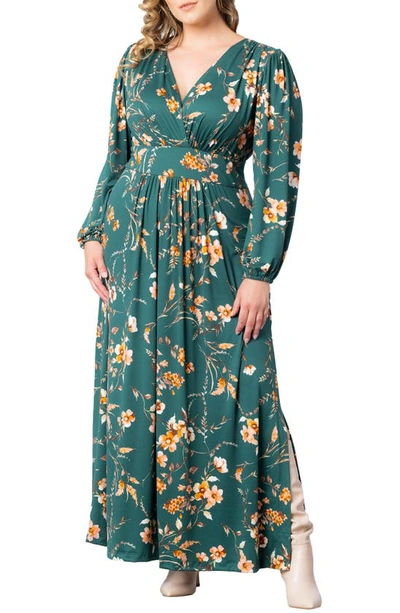Kiyonna Kelsey Long Sleeve Maxi Dress In Green Garden