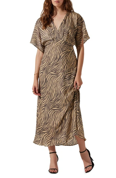 Astr Floral Flutter Sleeve Chiffon Dress In Charcoal Taupe Abstract