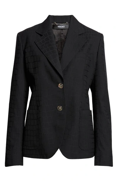 Versace Barroccodile Jacquard Single Breasted Virgin Wool Blazer In Black