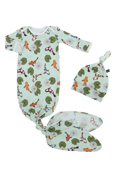 Peregrinewear Babies' Koi Pond Knot Gown & Hat Set In Green