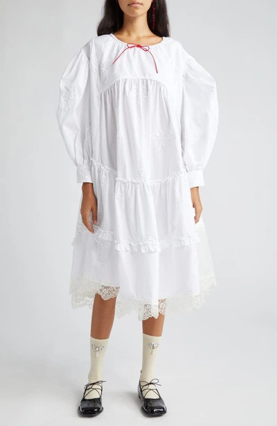 Simone Rocha Asymmetric Floral Embroidered Bow Detail Cotton Babydoll Midi Dress In White/ White