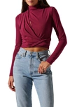 Astr Asymmetric Pleated Cutout Mock Neck Long Sleeve Top In Berry