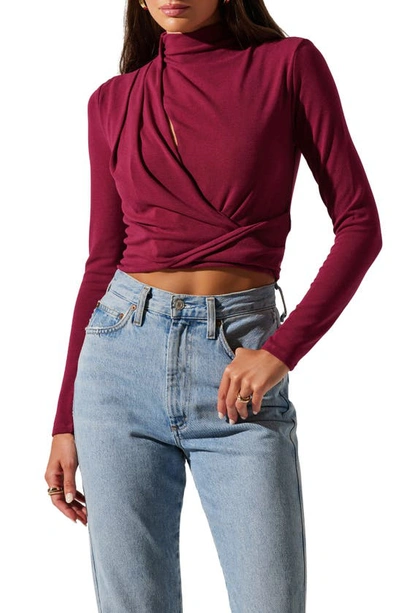 Astr Asymmetric Pleated Cutout Mock Neck Long Sleeve Top In Berry